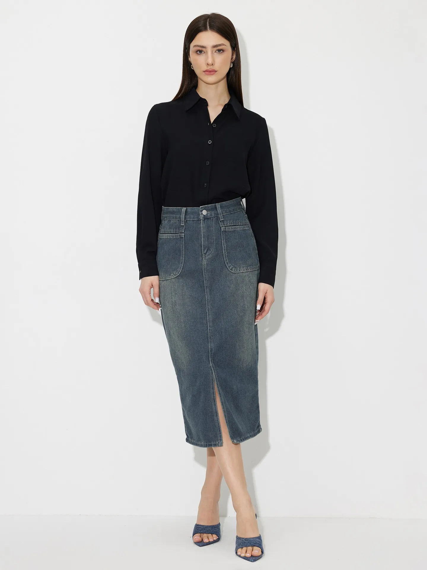 Slit Denim A-Line Skirt