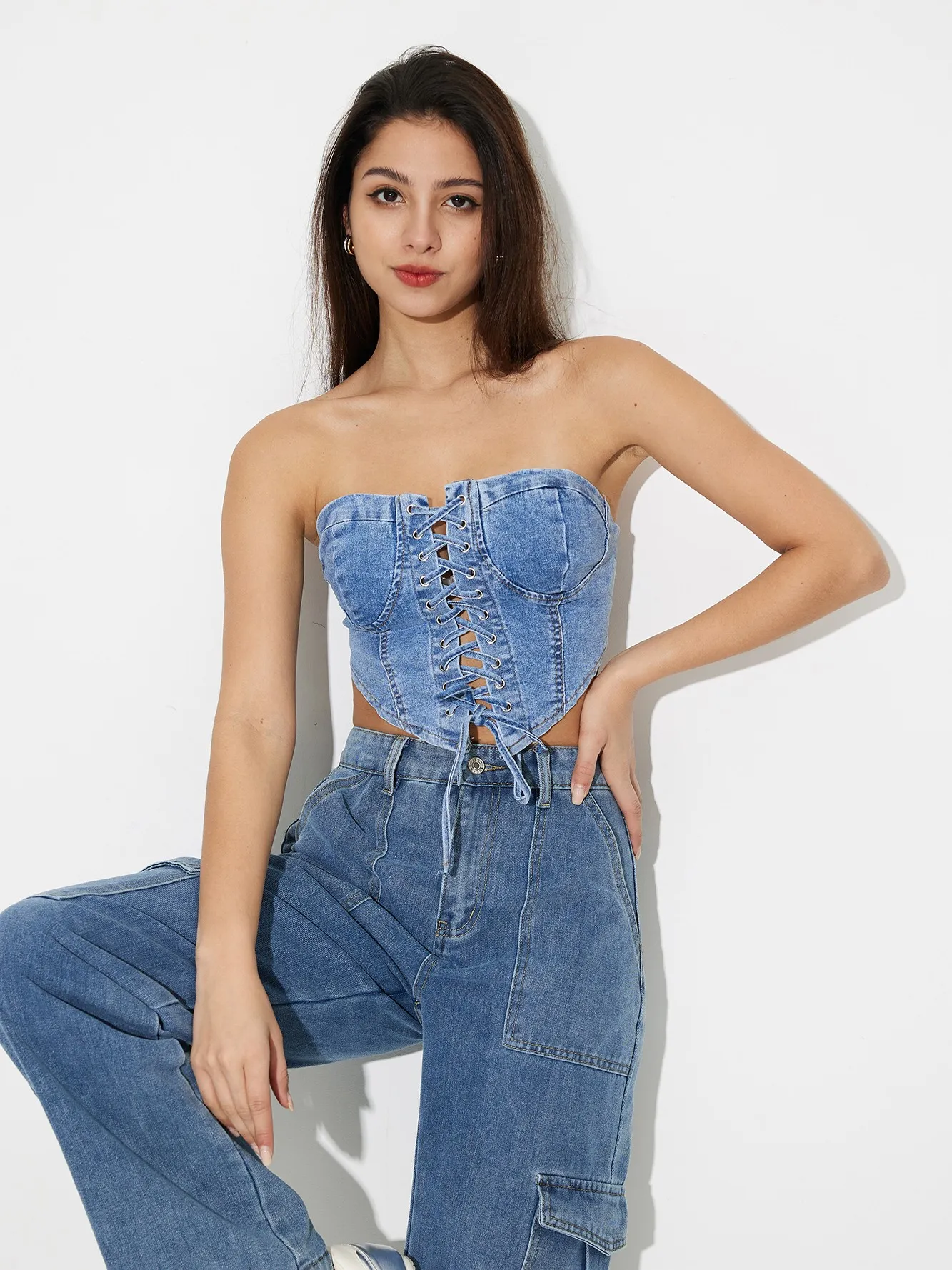 Corset Blue Denim Crop Top Corset Lace-Up Denim Crop Top Savana