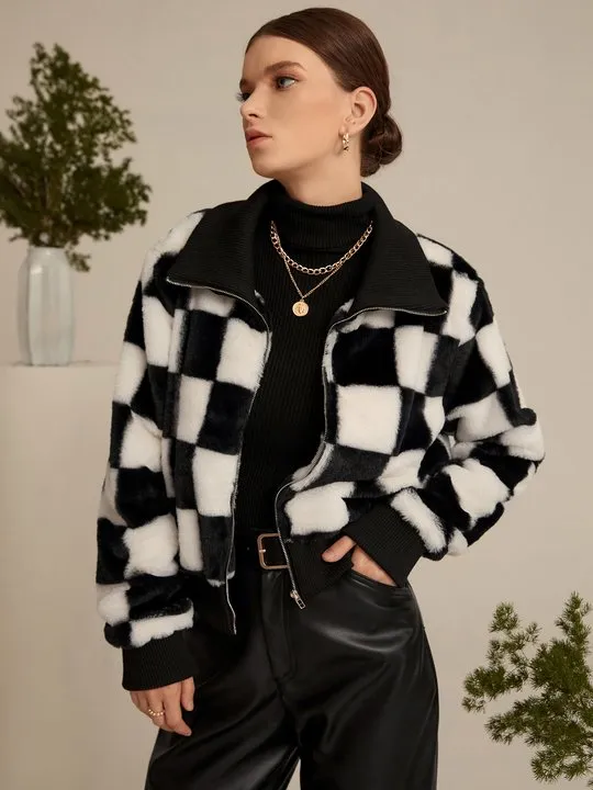 Faux Fur Patchwork Colorblock V Neck Cropped Sweater For Women Cozy Winter Warmth main image 0