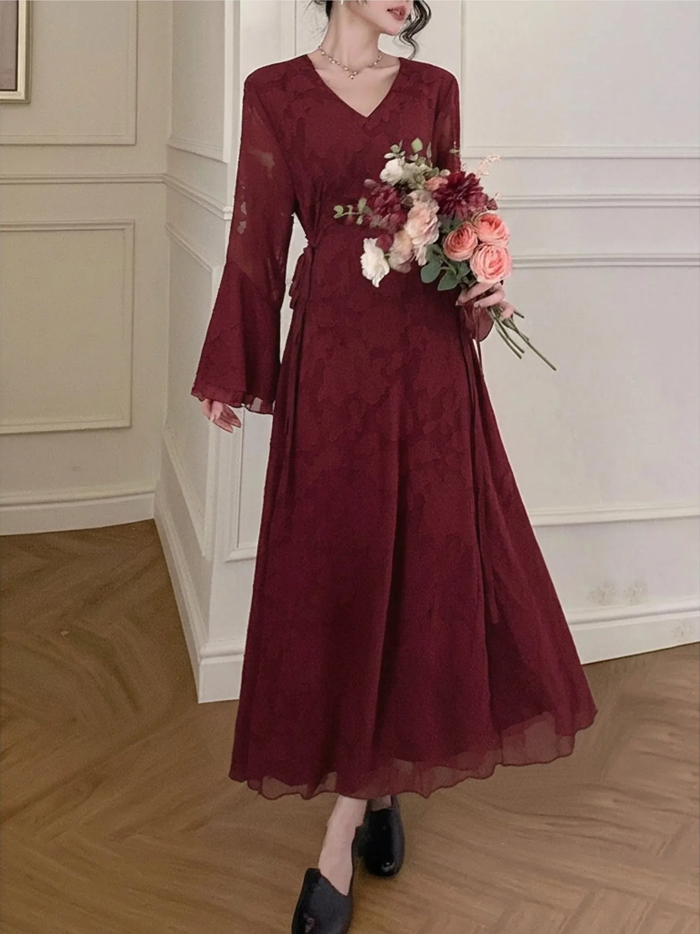 chinese dress ladies Duntery Chiffon Lace Elegant Dress with Long Sleeves Jacket, Cinnamon-Rose main image 1