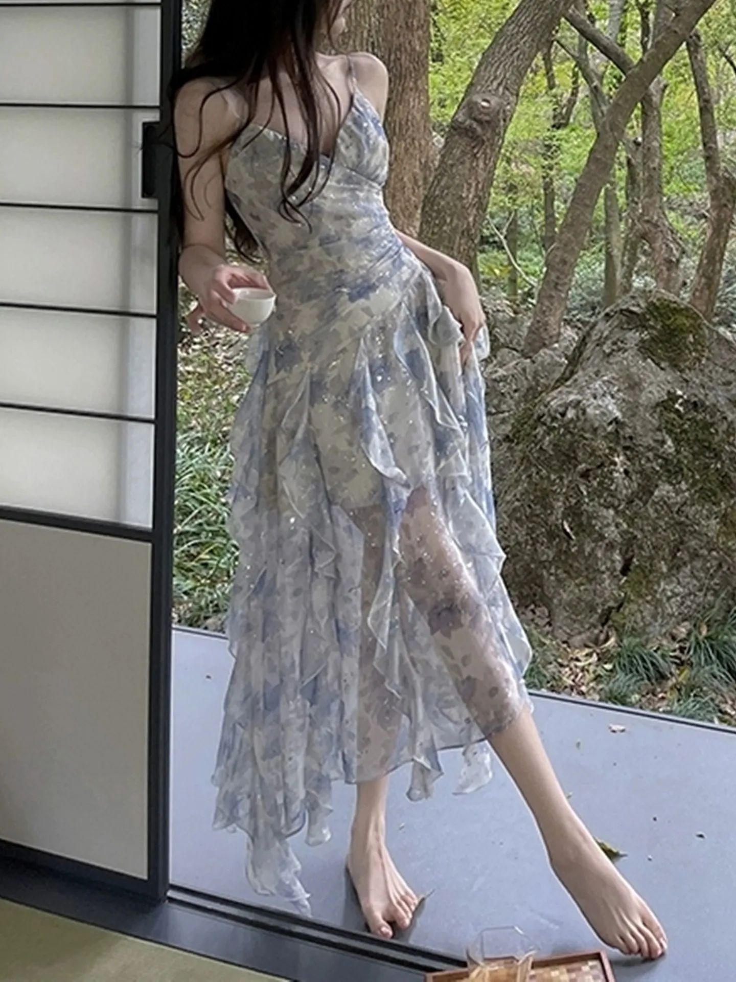 Vacation Slip Sleeveless Watercolour Floral Ruffle dress Savana