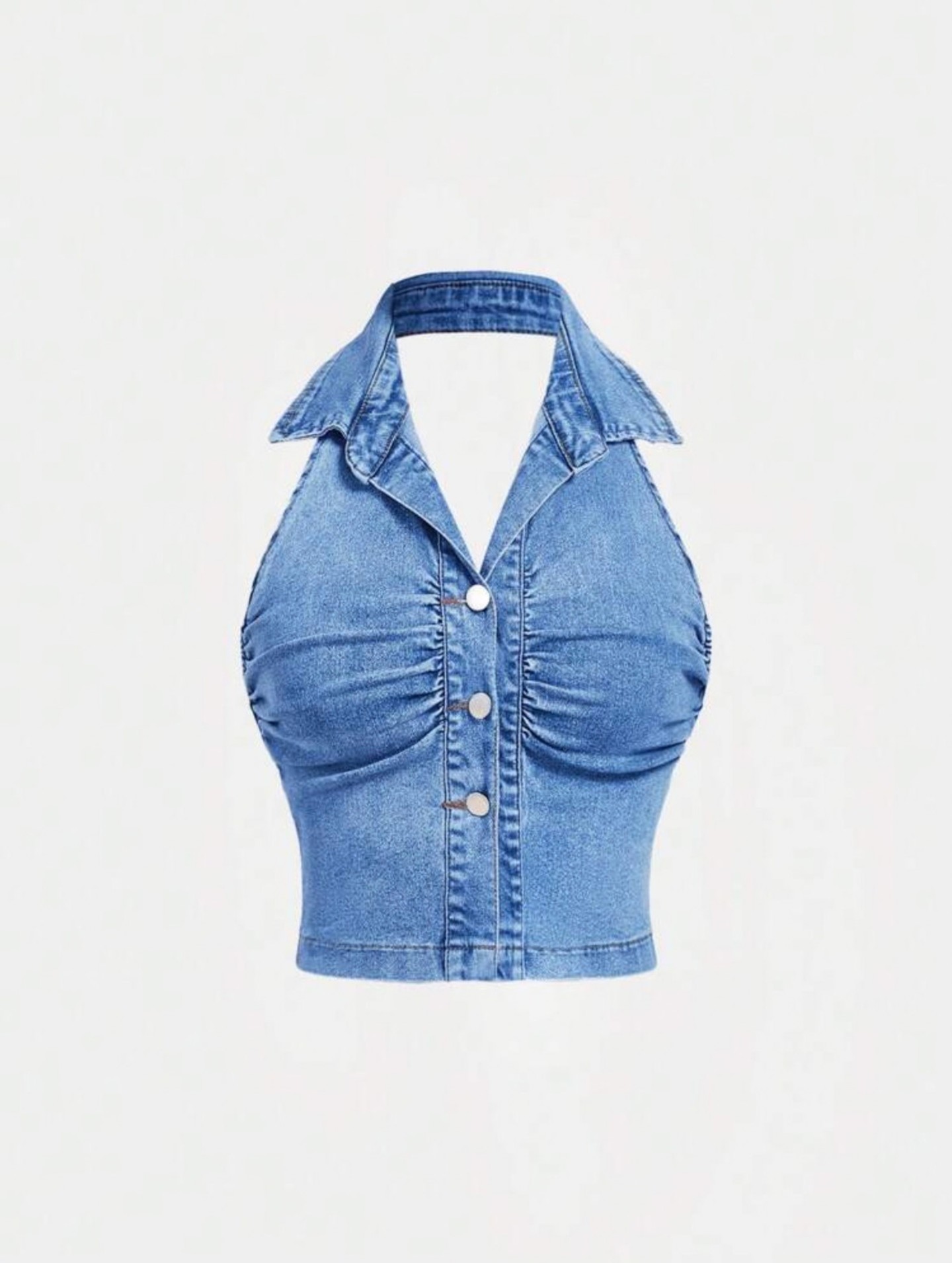 Medium Wash Gathered Denim Top