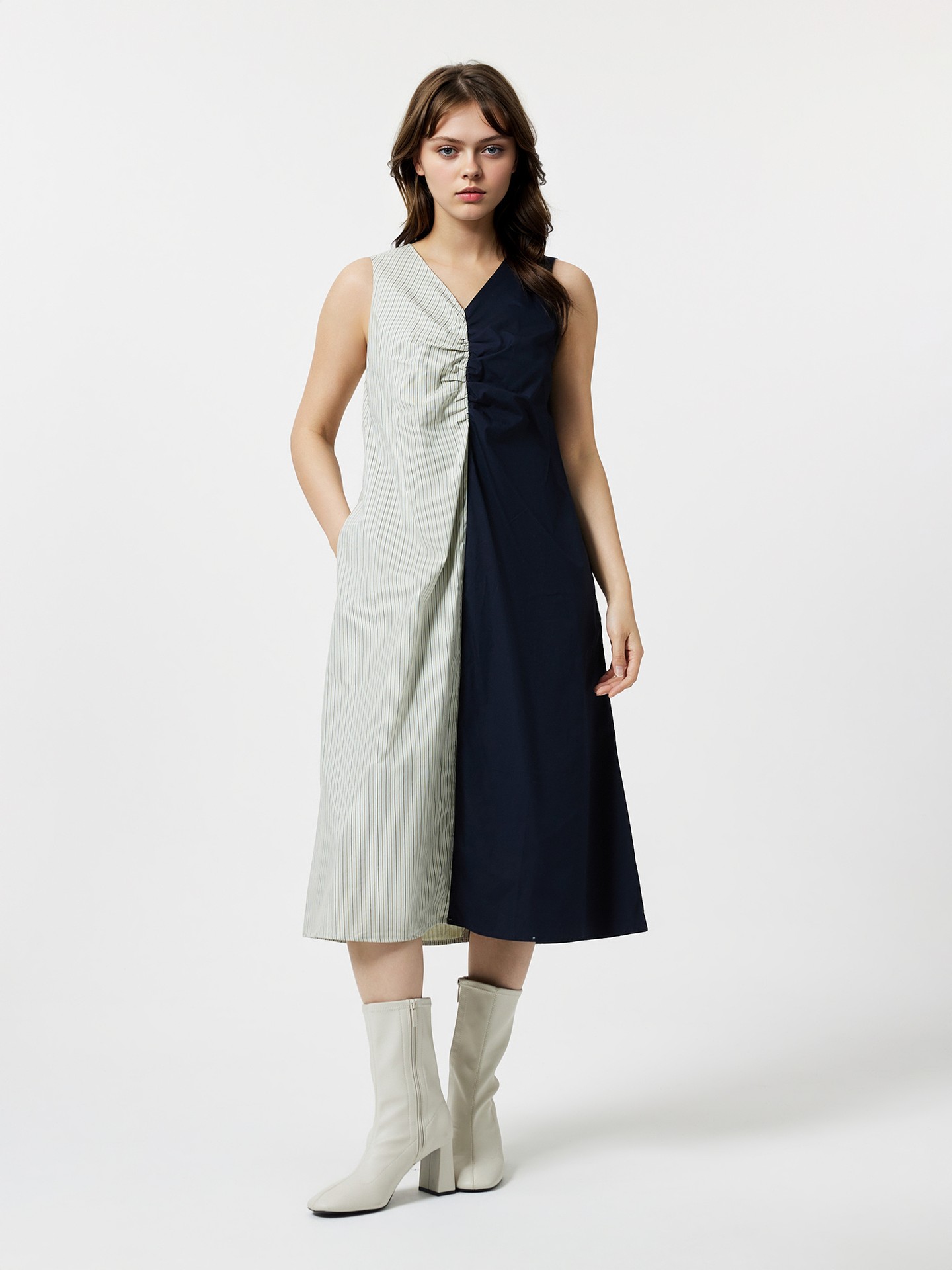 Navy-Blue Colour Block Tank Dress