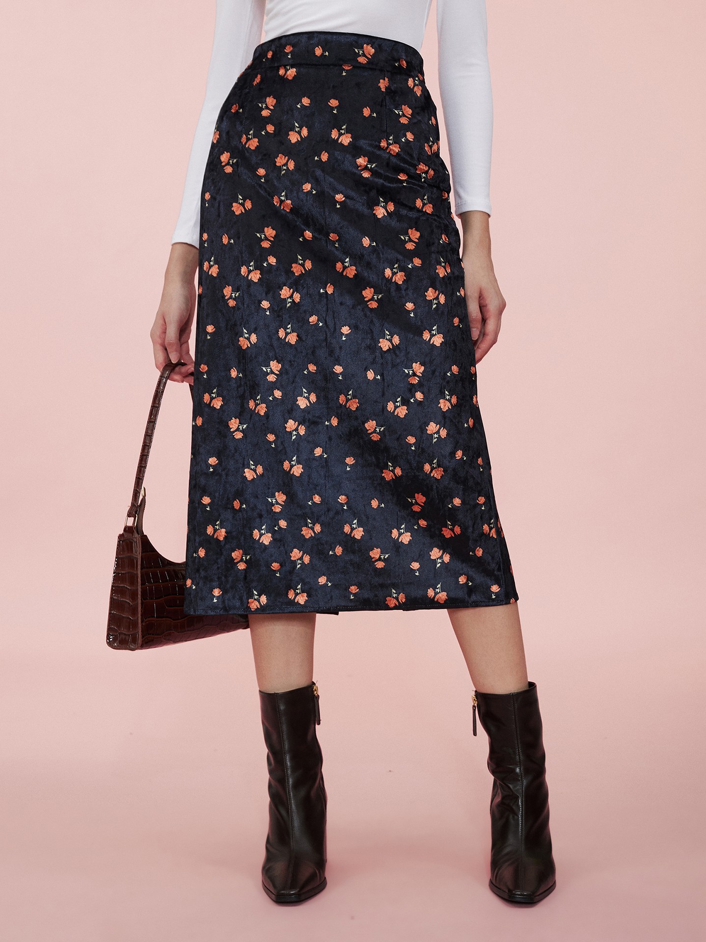 Black Floral Straight Skirt