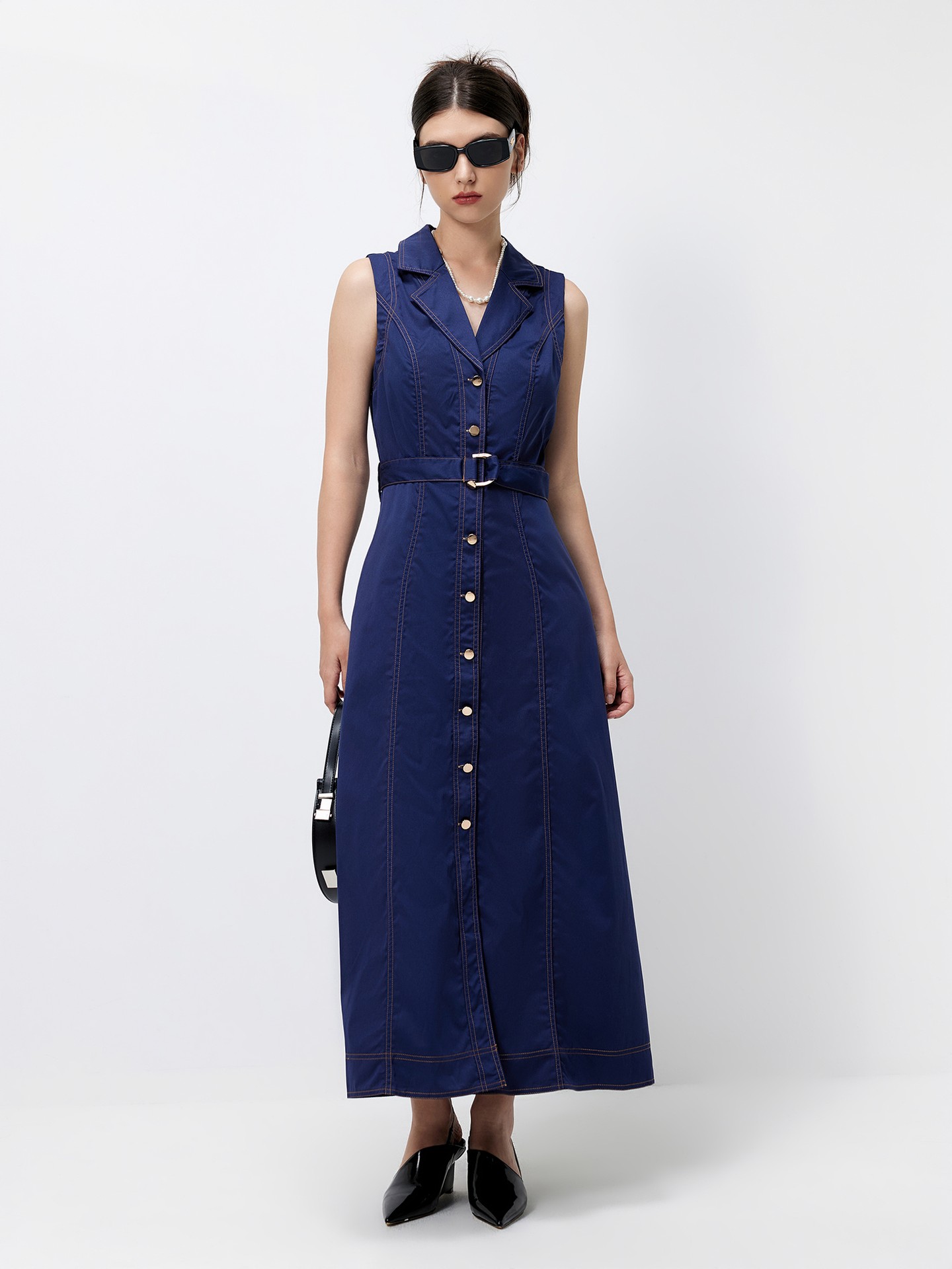Navy Belted A-Line Dress
