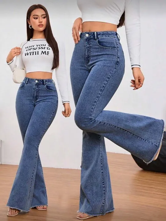 パンツ Heart hip highwaist flare denim Blue High Stretch ] High Waist Heart-Shaped Pattern Flare Leg Jeans