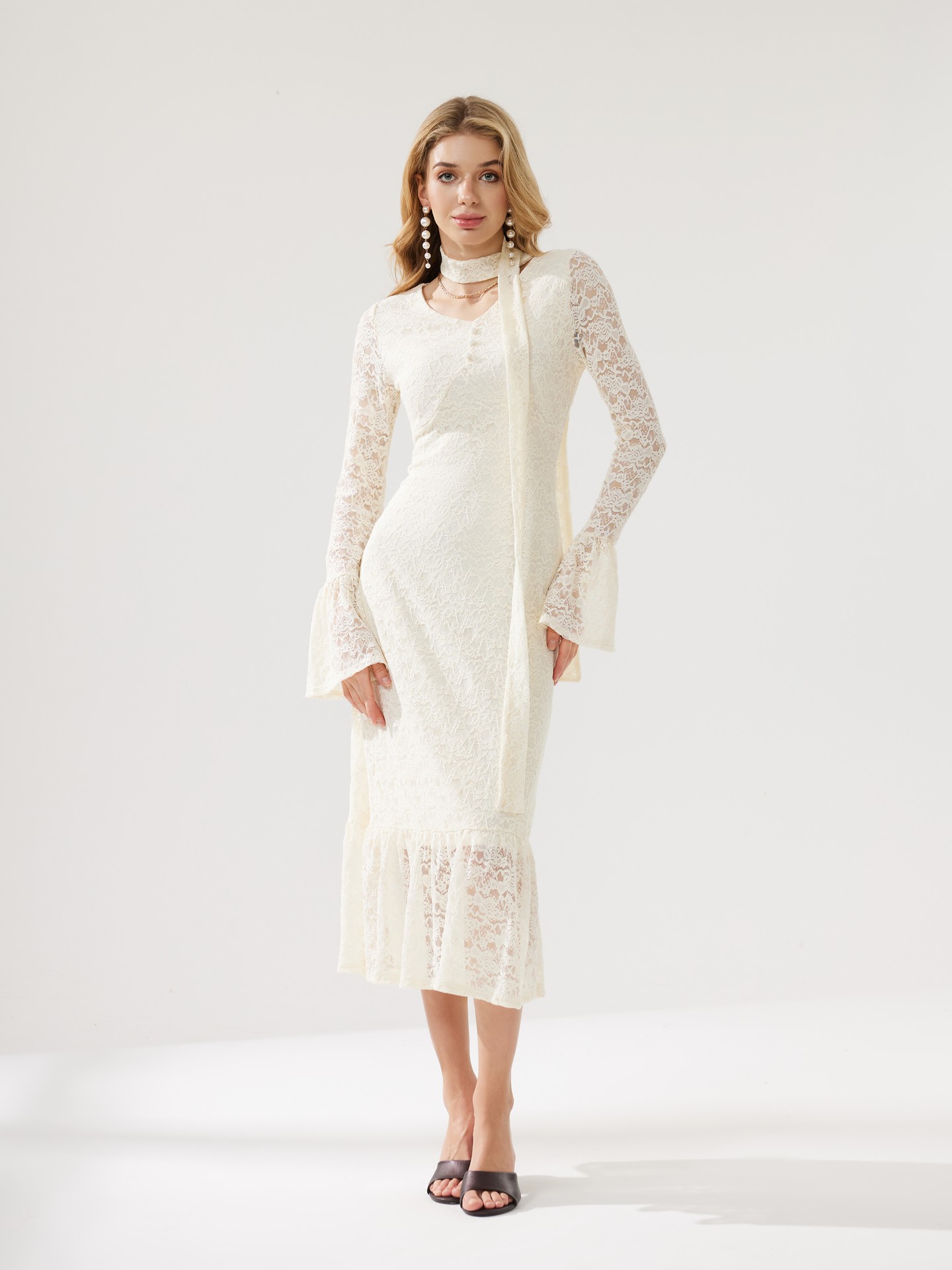 Apricot Lace-trimmed A-Line Dress