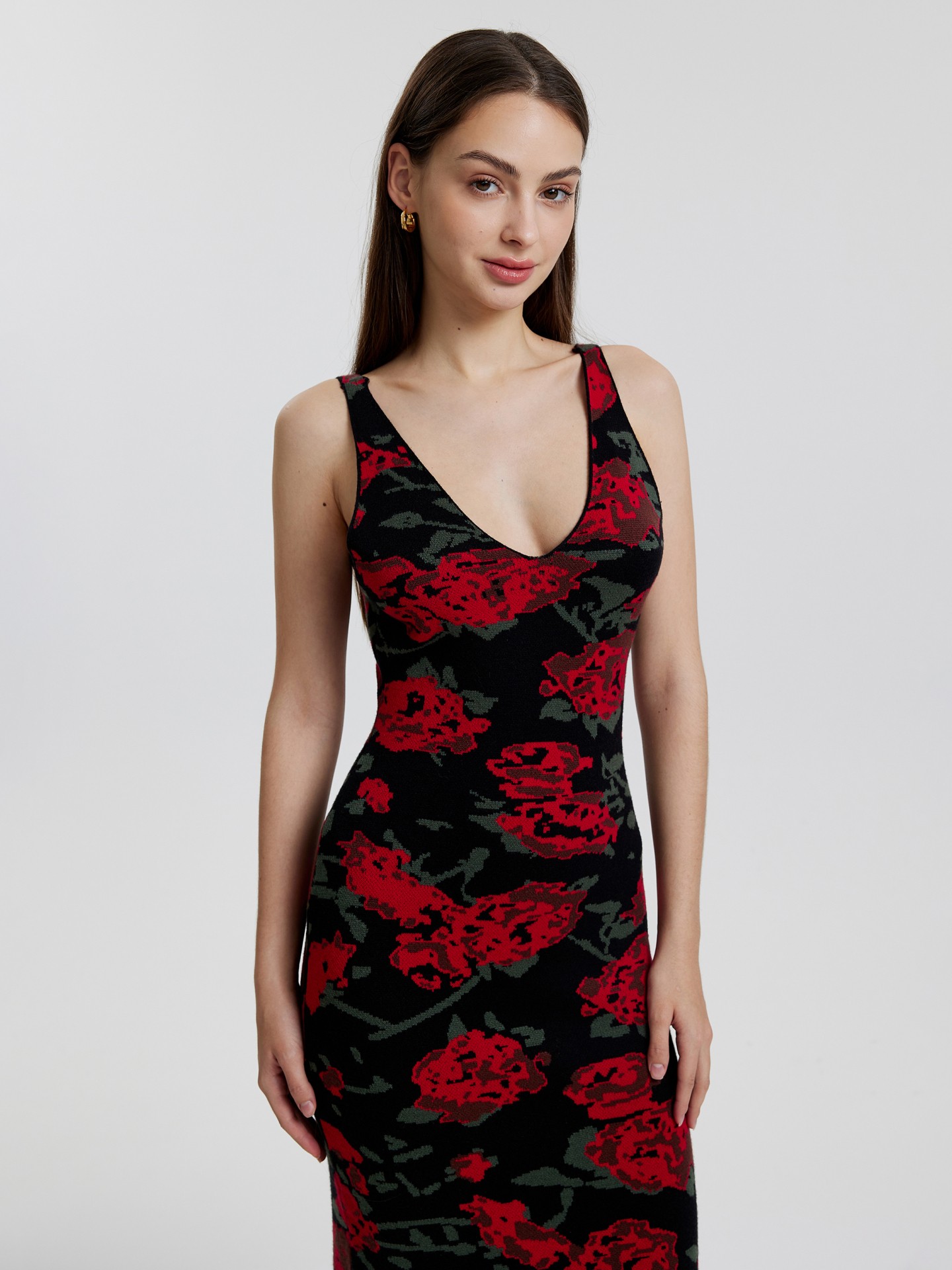 Black-Red Floral Design Bodycon Dress