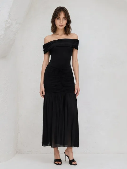 princess polly baby blue dress Apolline Black Velvet Off The Shoulder Ruched Fishtail Maxi Dress – Club L  London main image 1