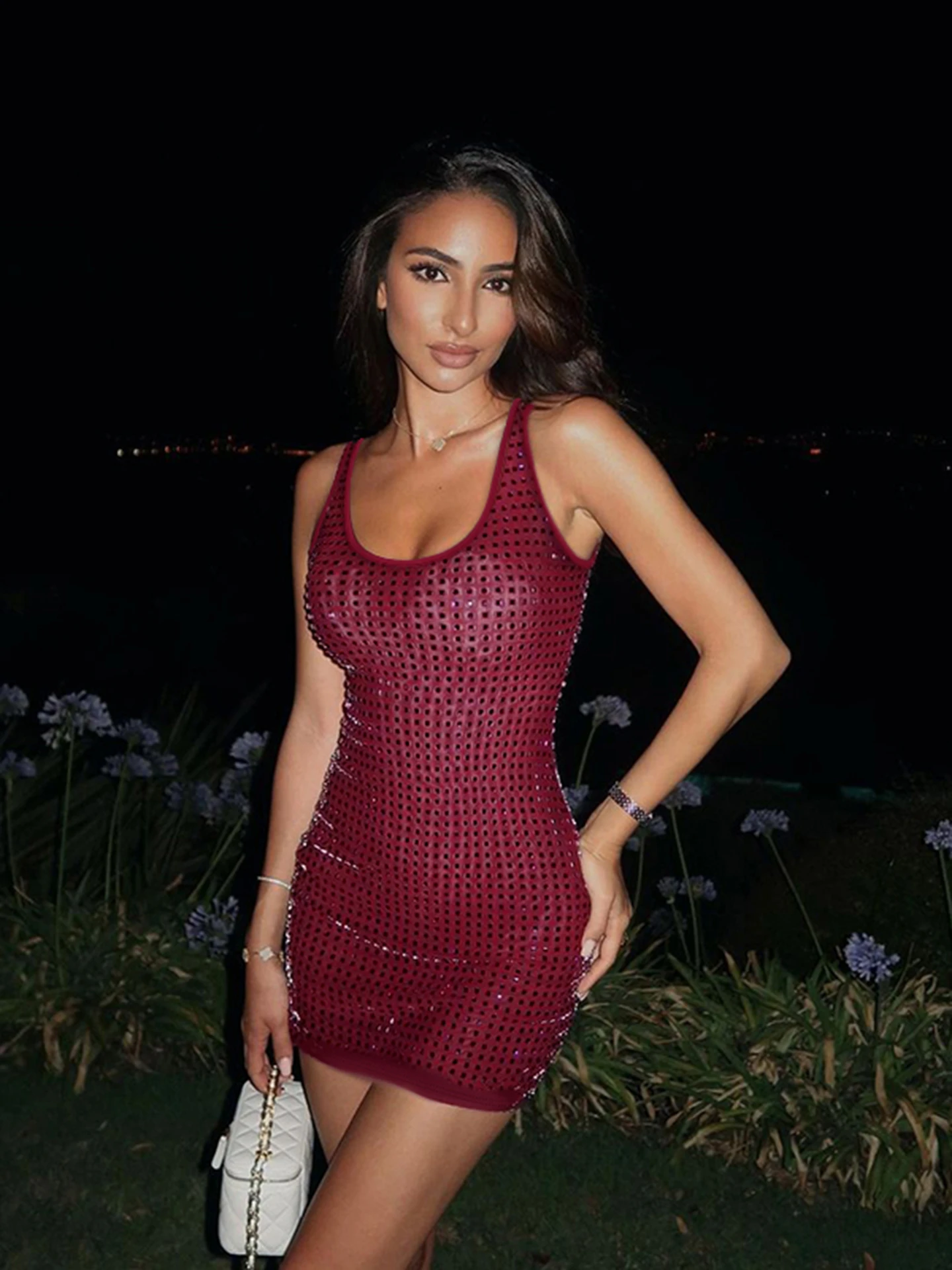 leopard print bodycon maxi dress Glitzy Girl Rhinestone And Pearl Bodycon Mini Dress main image 1