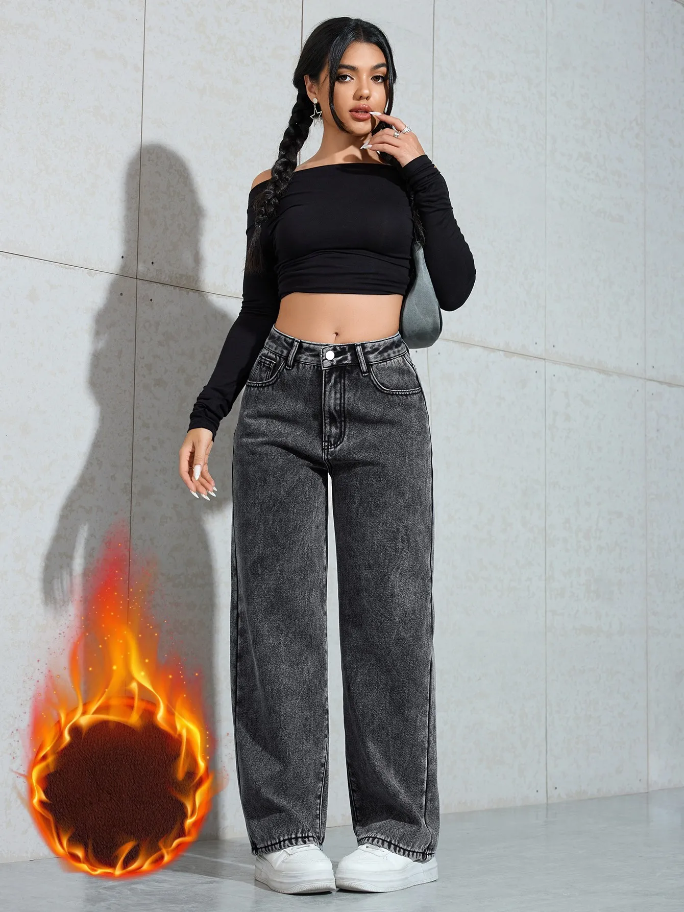 [ Slight Stretch ] High Waist Fleece-Lined Washed Black Straight Leg ...