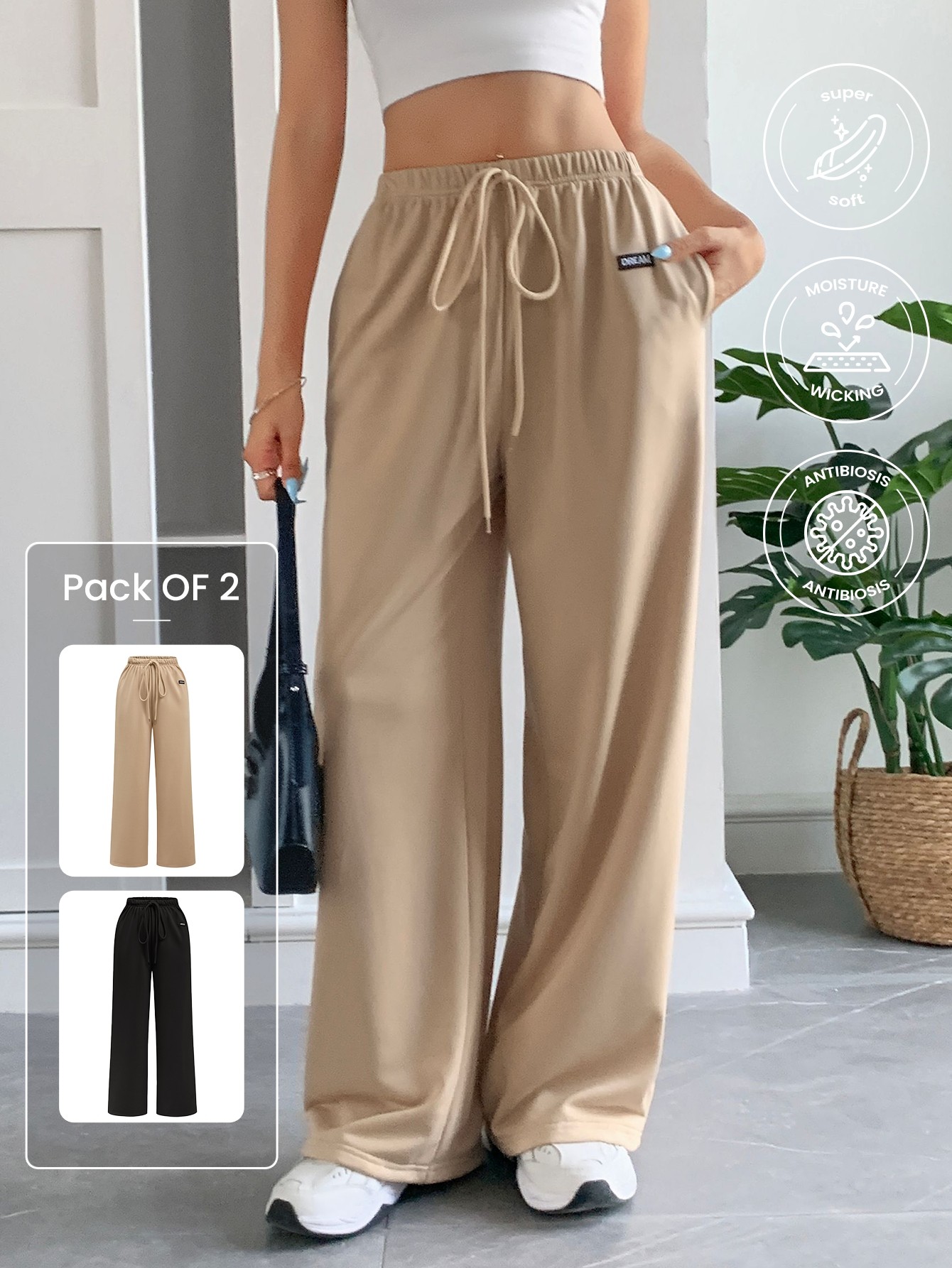 Khaki-Black Applique Straight Leg Pants