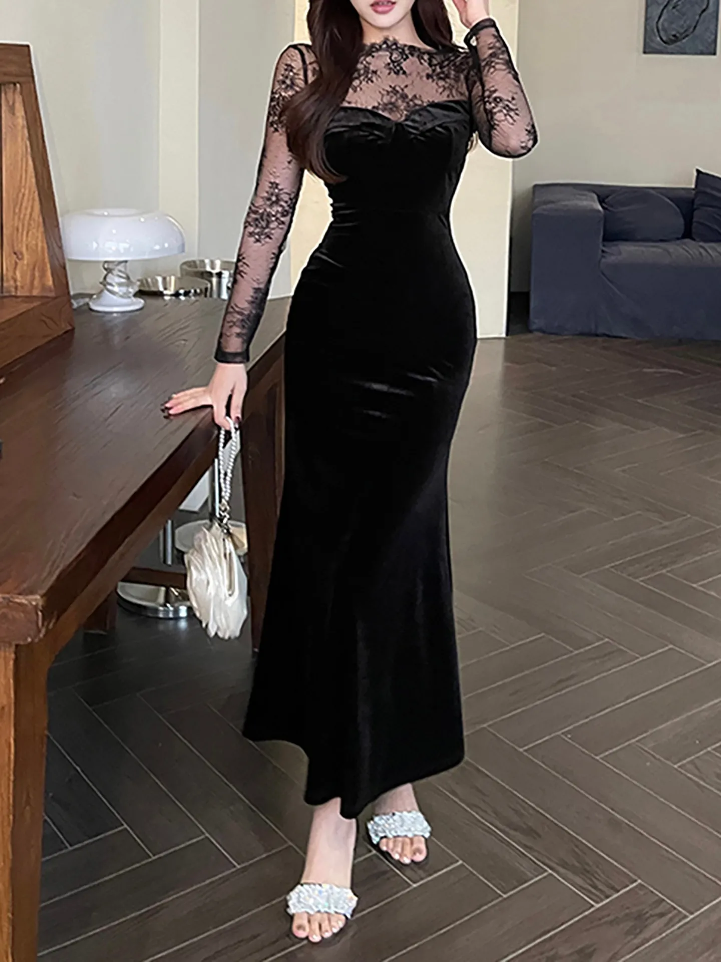 long velvet bodycon dress Elegant Velvet Long Dress Retro High Waist Ruffles Split Wrap Hips Bod –  TOP SHOW main image 0