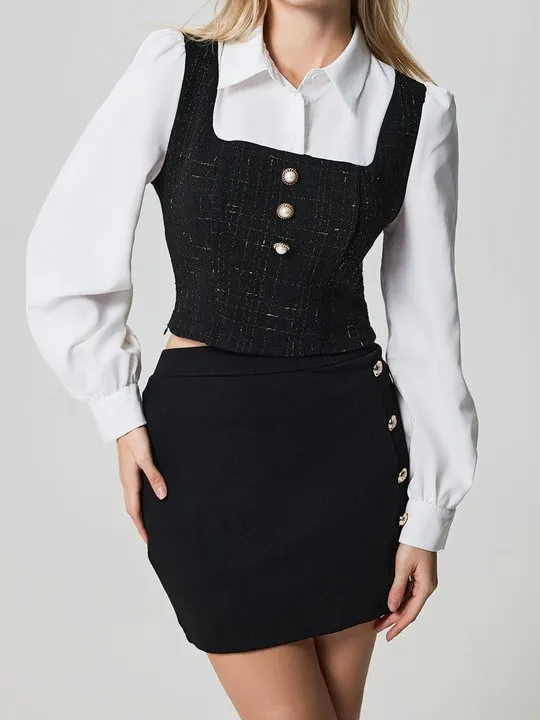 【DALLA】contrast fake two piece Fake two-piece contrast waist blouse | Savana | Bestsellers