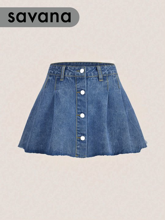 Pleated Denim A-Line Skirt