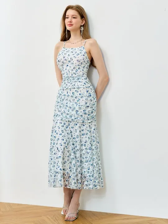 Spaghetti Strap Print Drawstring Open Back Midi A-Line Sundress
