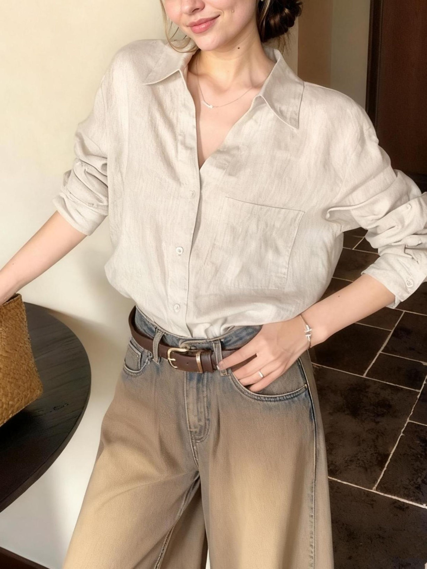 Khaki Button Placket Blouse