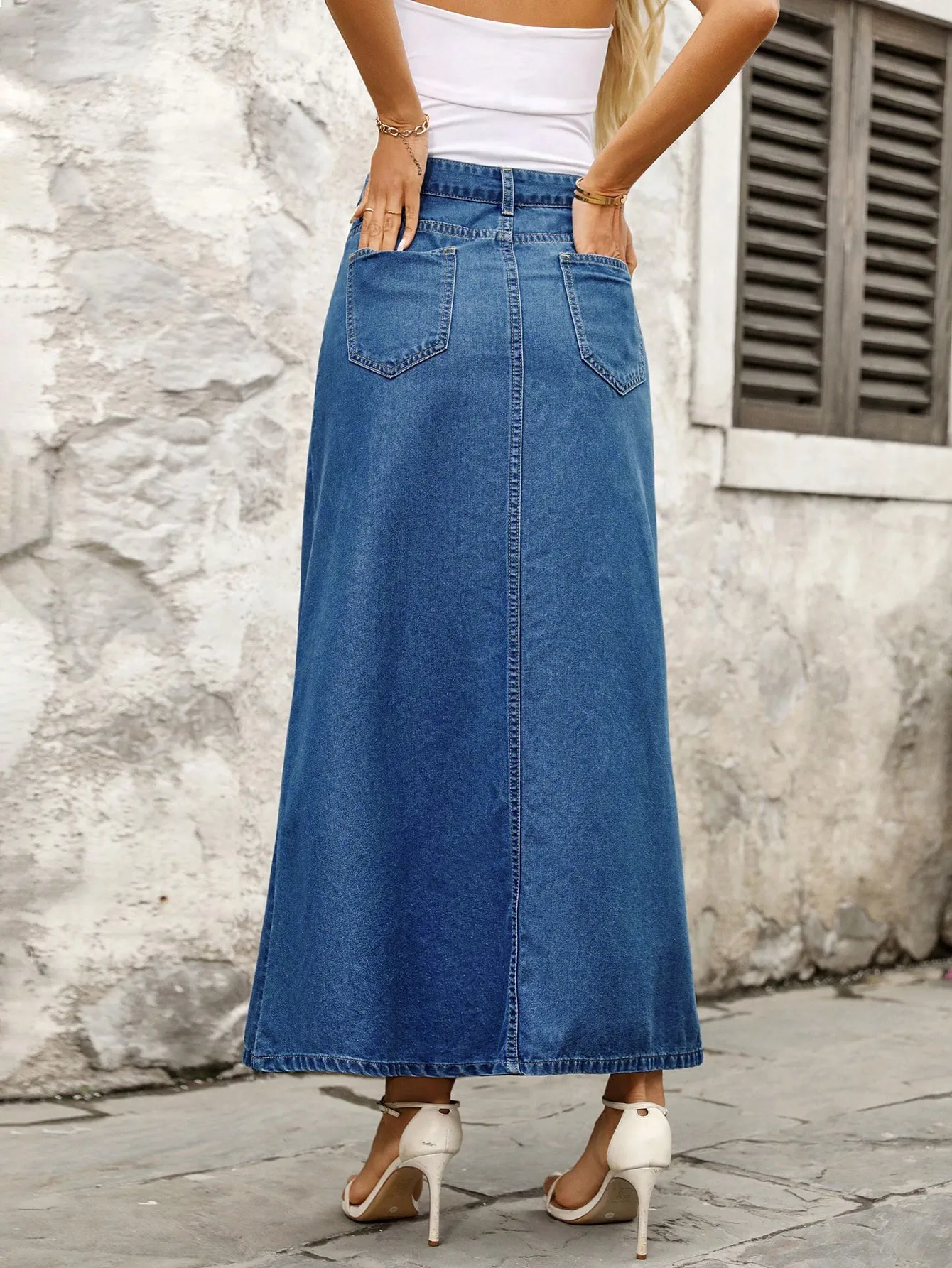 [ Slight Stretch ] High Waist Medium Wash Slit Denim A-Line Skirt ...