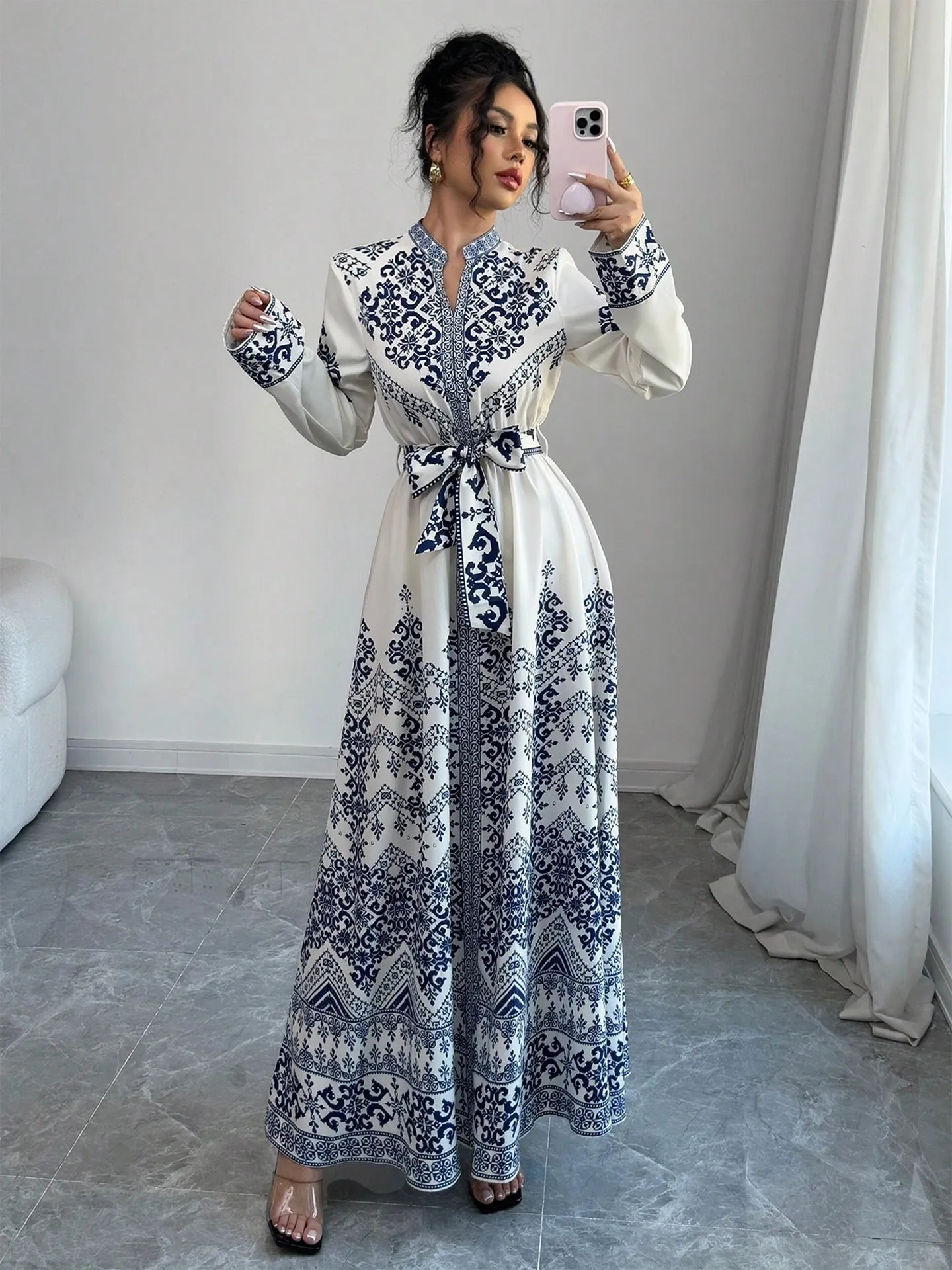 chinese dress ladies Lamiya Floral Sequined A-Line Kaftan Dress in Beige