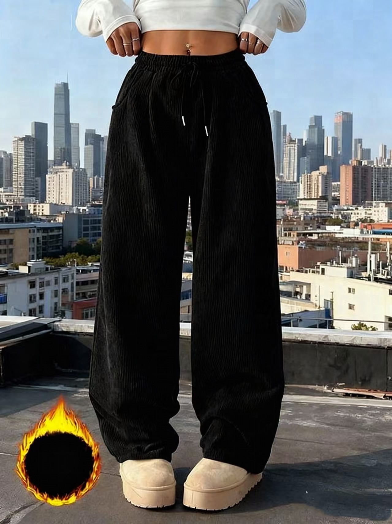 Black Elastic Straight Leg Pants