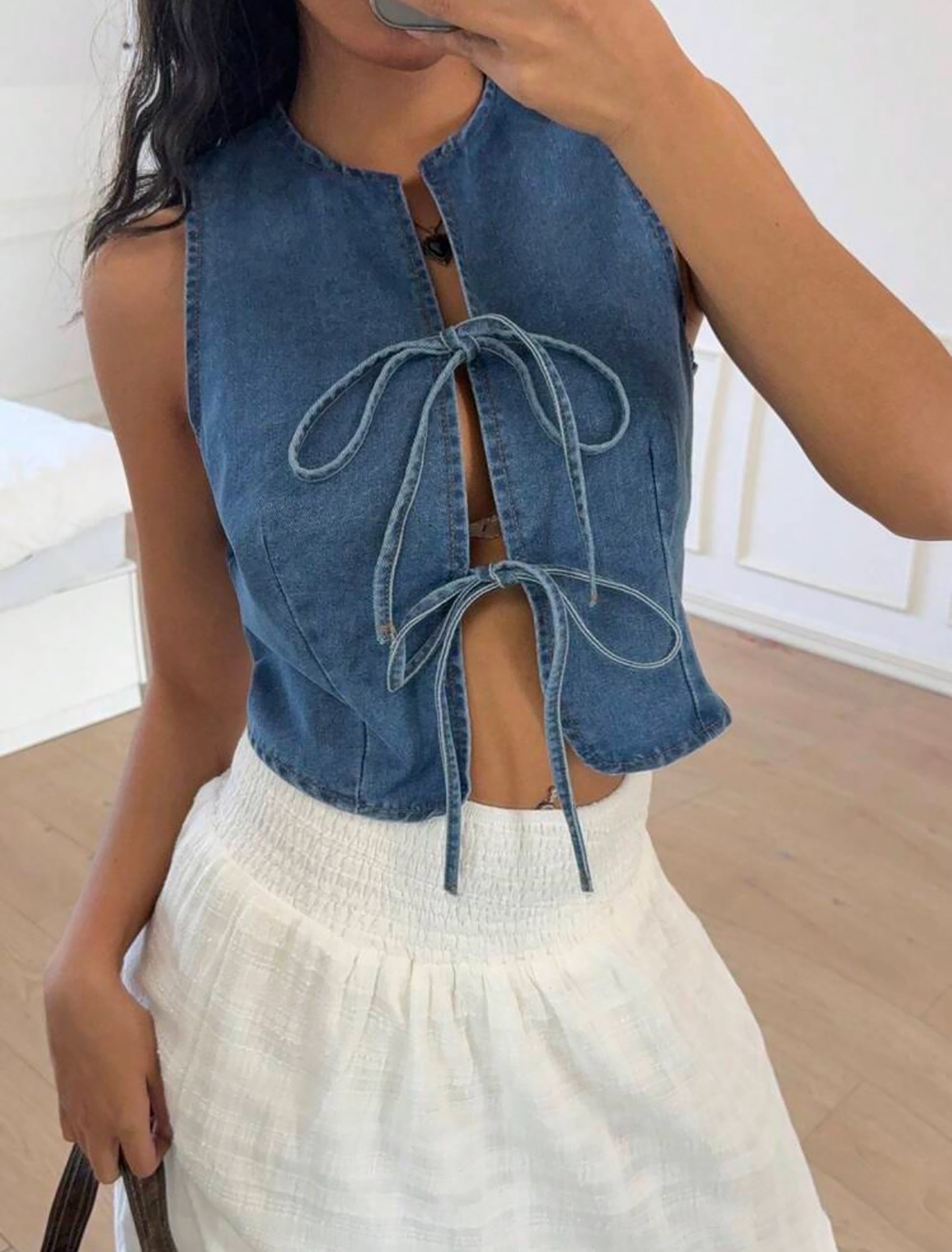 Medium Wash Summer Bow Tie-front Denim Tops