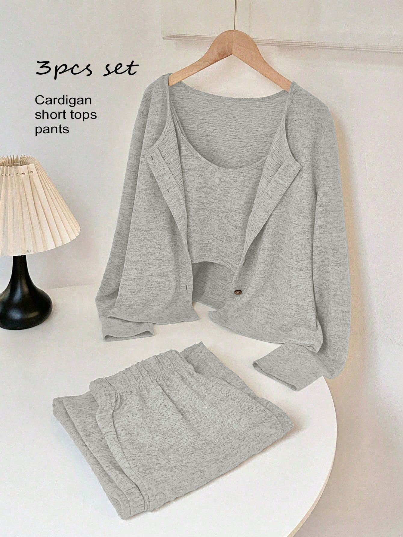 Grey 3pcs Cardigan Tops and Pants Co-ord Set