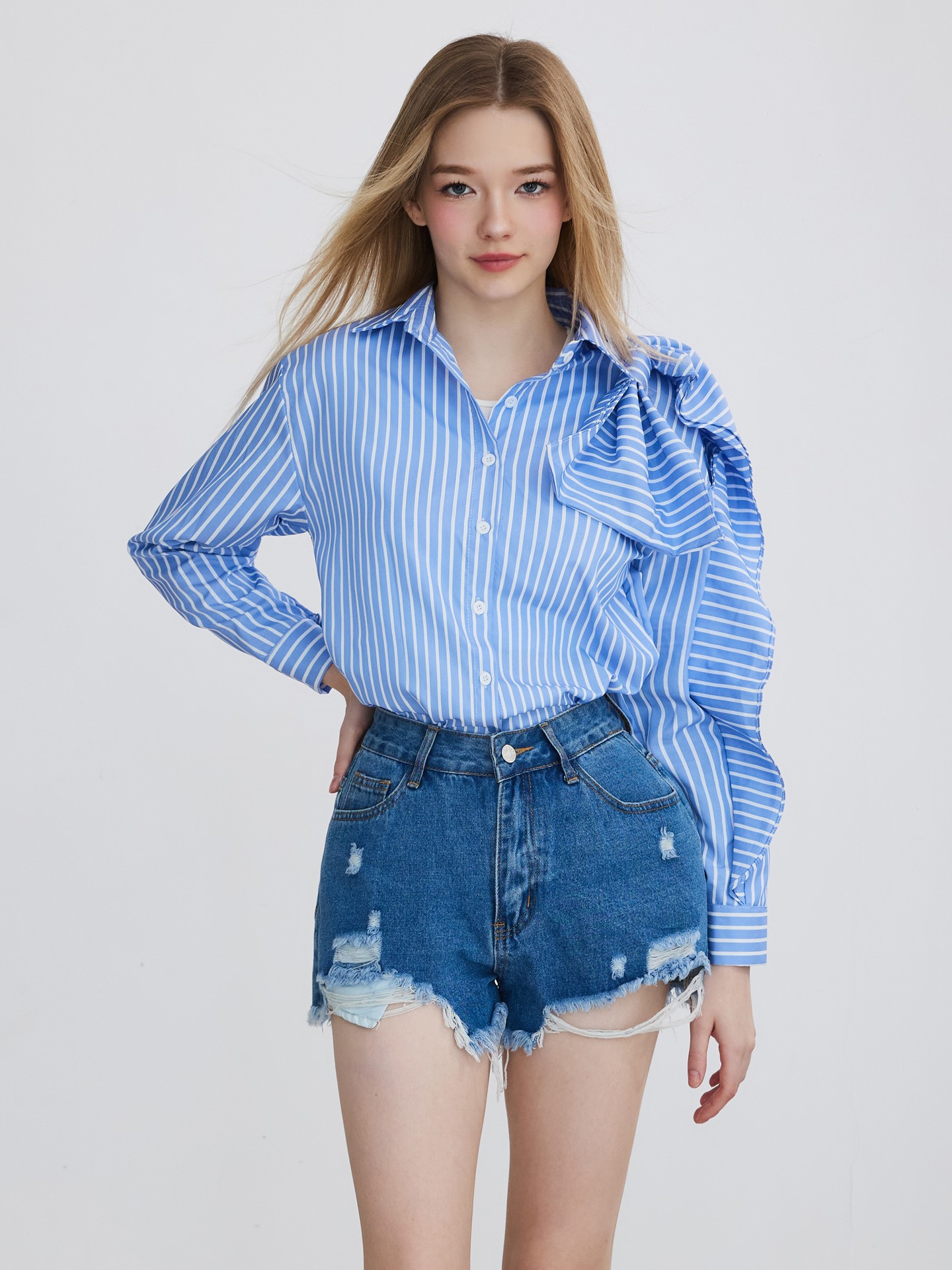 Blue Ruffle Placket Blouse