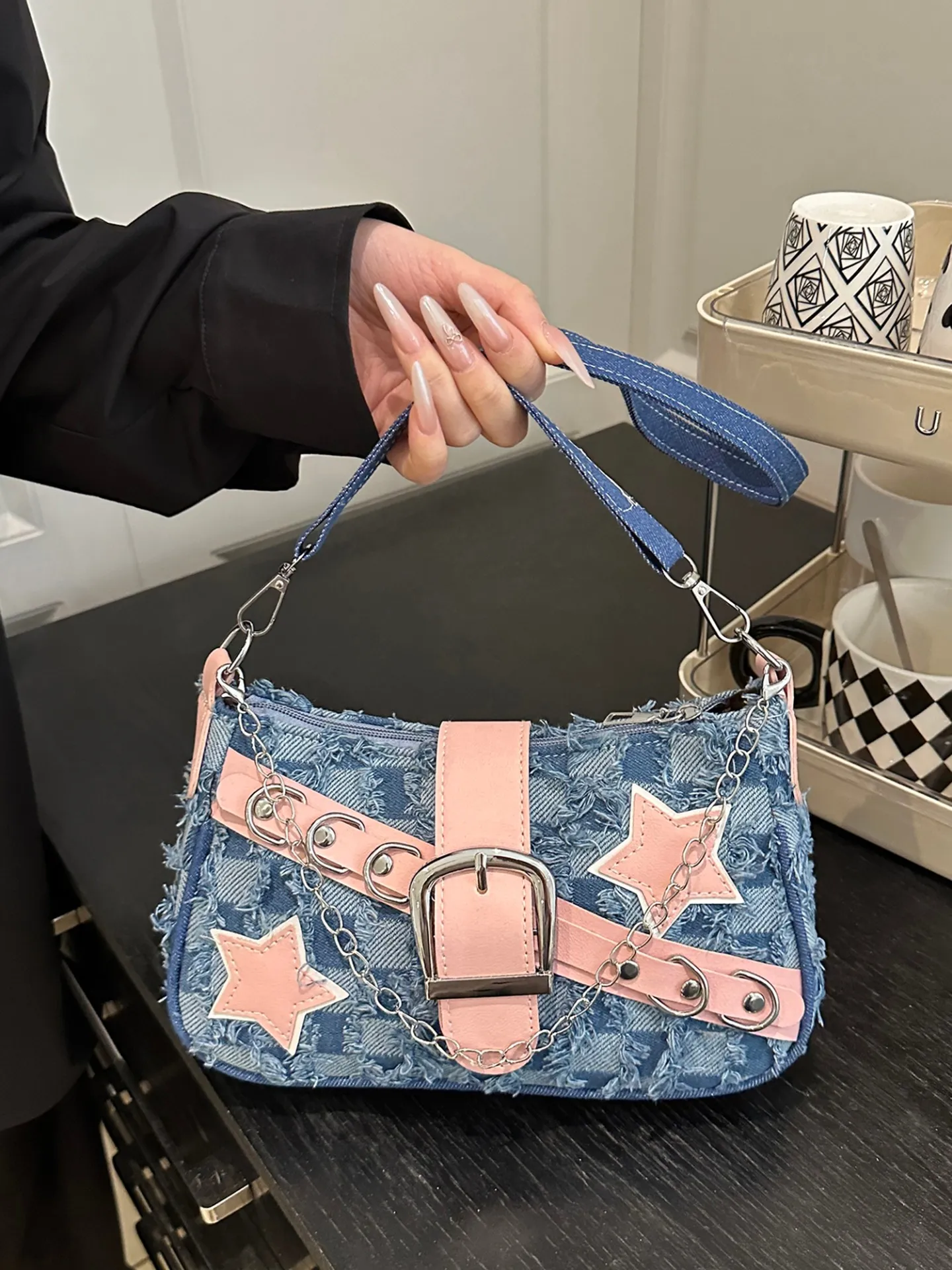 Studded Denim Shoulder Bag | Savana | Bestsellers