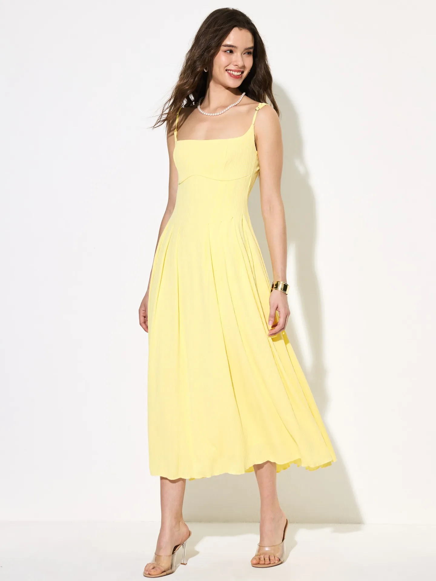 Summer Side Pleated Textured Midi Dress