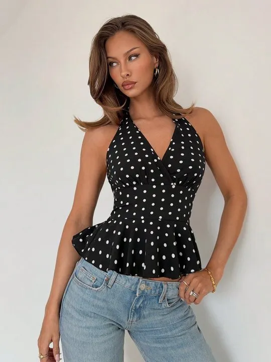 Dot Printed Halter Neck Top with Solid Pant main image 0