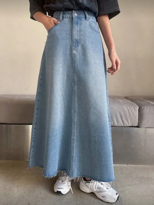 High Waist Light Wash Raw Hem Denim A-Line Skirt view 1