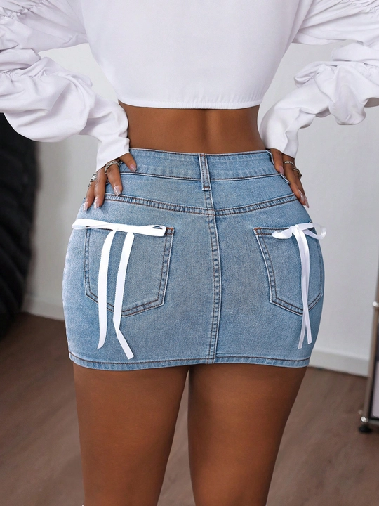 Bow Denim Slit Skirt