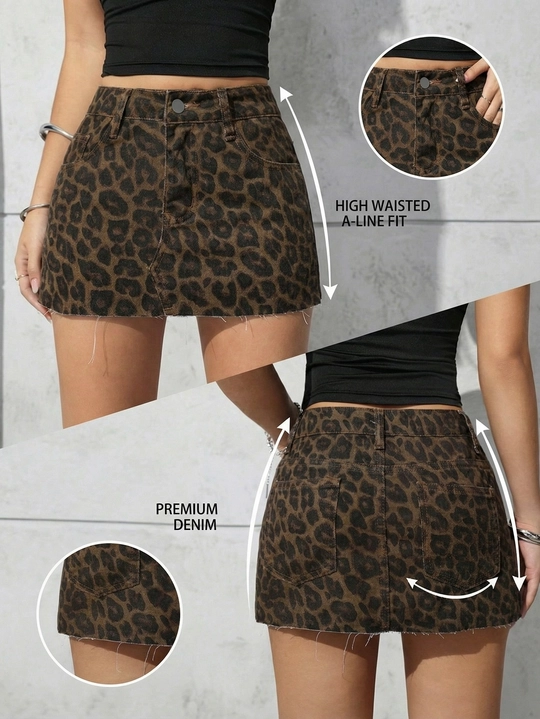 High Waist Leopard Print Raw Hem Denim A-Line Skirt