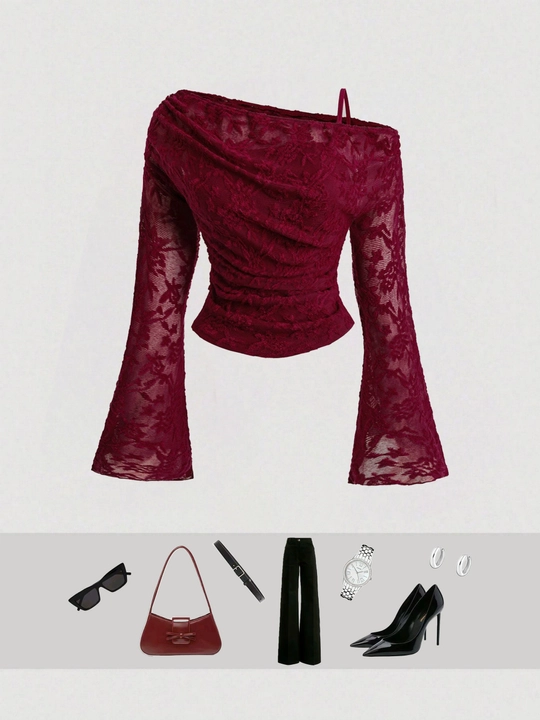 Draped Lace One-Shoulder Blouse