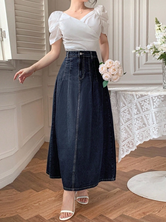 High Waist Dark Wash Pintuck Seam Denim A-Line Skirt