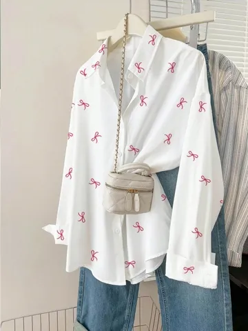 Playful Bow Print Button-Up Shirt