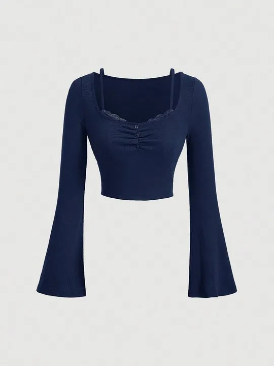 navy bell sleeve lace trim crop top