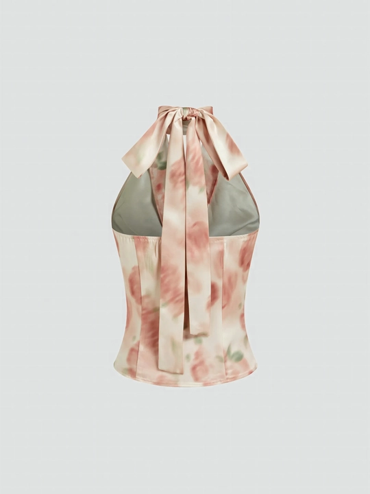 Abstract Floral Satin Halter Top view 1
