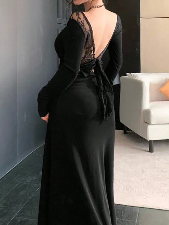 Lace Panel V Neck Low Back Dress
