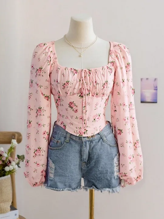 Floral Puff Sleeve Corset Top