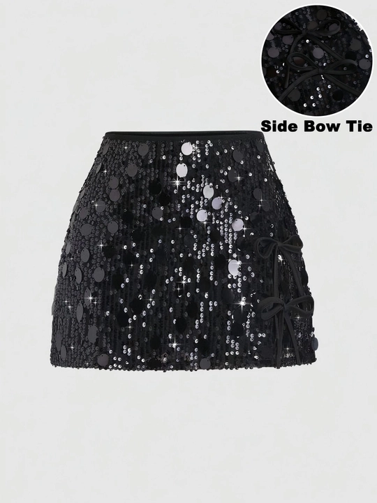 Sequin Mini Skirt With Side Bow Tie