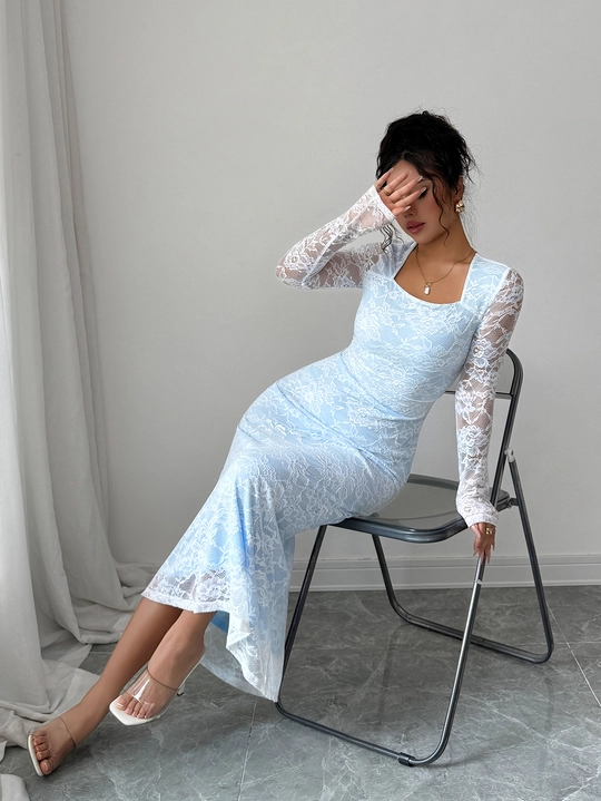 chinese dress ladies Baby Blue Lace Trim Bodycon Maxi Dress main image 0