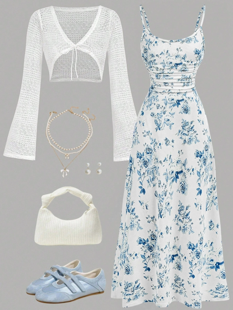 Savana Gathered Co-ord Set White Blue