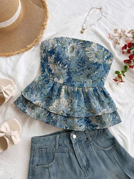 Jacquard Ruffle Tube Top view 1