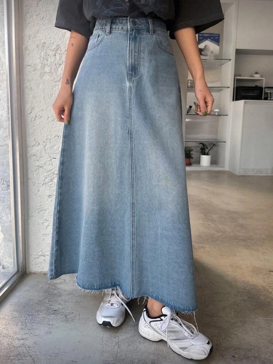 High Waist Light Wash Raw Hem Denim A-Line Skirt view 4