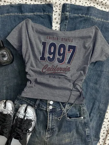 Letter Print Off Shoulder Top