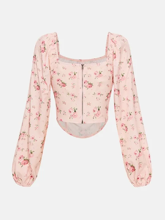 Floral Puff Sleeve Corset Top view 2