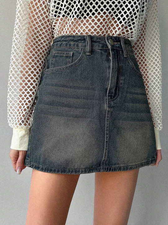 High Waist Vintage Dark Wash Denim A-Line Skirt view 4