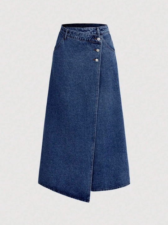 High Waist Dark Wash Asymmetric Denim A-Line Skirt