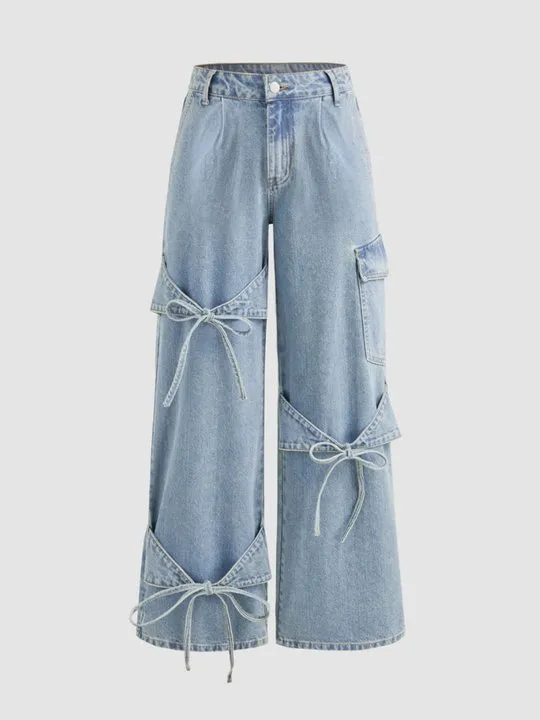 light wash bow detail wide leg cargo jeans